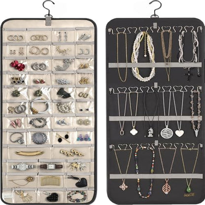 Hanging Jewelry Organizer Storage with Hanger Metal Hooks Double-Sided Jewelry Holder- Wall Mount Holder for Earrings, Necklaces, Rings on Closet, Wall, Door, 1 piece, Large, Charcoal Black - style: Modern - Charcoal Black