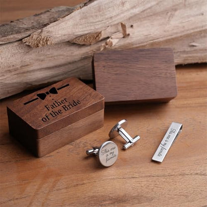 Father of the Bride Gift Set, Wooden Box with Cufflinks and Tie Clip, Bow Tie Design, Wedding Keepsake - color: C3