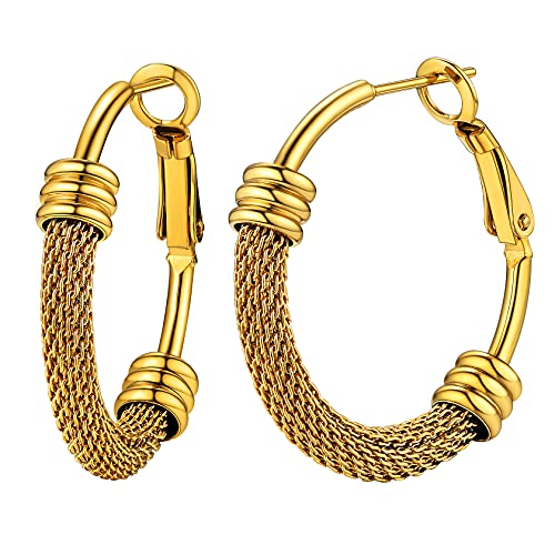 ChainsHouse 30/40/60/80mm Hoop Earrings for Women,Chunky Earrings in 18K Gold Plated/Silver/Black,Minimalist Jewelry Round Tube Hoops Fits Sensitive Ears|Hypoallergenic&Waterproof,with Gift Box - color: A:gold plated-mesh tube, size: 30MM