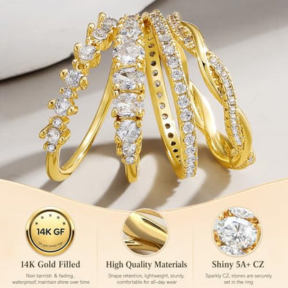 KISS WIFE Gold Stackable Rings for Women, 14K Gold Plated Ring Set | Smooth, twisted and sparkling band styles in sizes 6-9, designed to wear alone, mix together or create layered looks