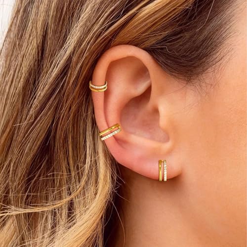 Cartilage Helix Conch Piercing Jewelry Gold Hoop Women Earrings | 2pcs, Huggie, Made of Stainless Steel, 14k Gold Plated, Hypoallergenic, Sparkly Cubic Zircon, Double Hoop design - color: Zircon Gold, size: 18g-10mm