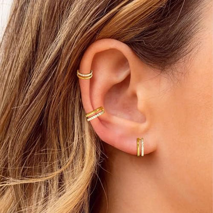 Cartilage Helix Conch Piercing Jewelry Gold Hoop Women Earrings | 2pcs, Huggie, Made of Stainless Steel, 14k Gold Plated, Hypoallergenic, Sparkly Cubic Zircon, Double Hoop design - color: Zircon Gold, size: 18g-10mm