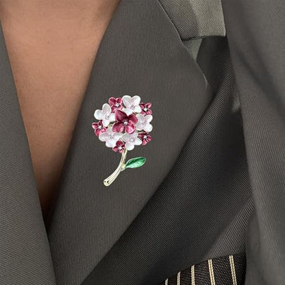 Blue White Hydrangea Flower Brooch Enamel Crystal Floral Lapel Pin Gold Plated Elegant Brooch for Women Suit Scarf Accessory - color: Red