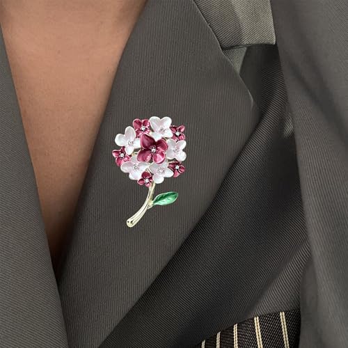 Blue White Hydrangea Flower Brooch Enamel Crystal Floral Lapel Pin Gold Plated Elegant Brooch for Women Suit Scarf Accessory - color: Red