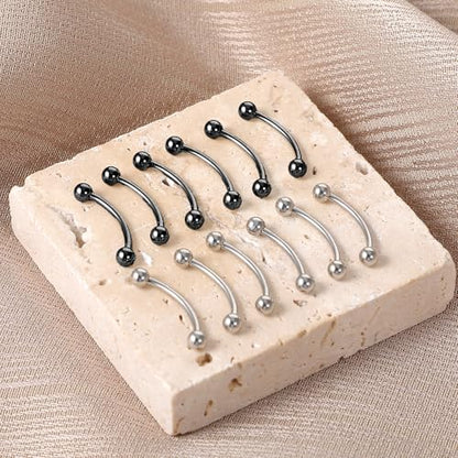 12pcs Curved Barbell Piercing Jewelry 16g Eyebrow Rook Piercing Jewelry | with 3mm Balls Stainless Steel Vertical Labret Lip Eyebrow Rings Tragus Helix Belly Lip Ring Body Piercings - color: Silver Black