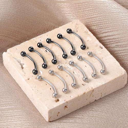 12pcs Curved Barbell Piercing Jewelry 16g Eyebrow Rook Piercing Jewelry | with 3mm Balls Stainless Steel Vertical Labret Lip Eyebrow Rings Tragus Helix Belly Lip Ring Body Piercings - color: Silver Black
