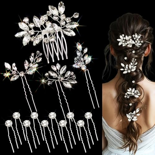 14 PCS Bridal Hair Pins Comb Set Wedding Silver Rhinestone Sparkling Crystal Hair Accessories Jewelry Women Prom
