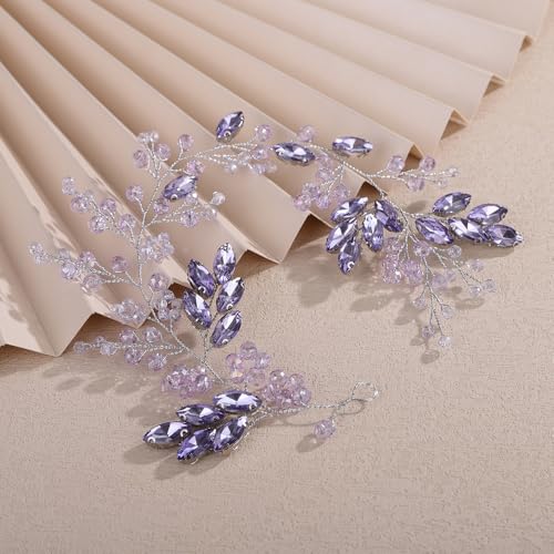 Teyglen Light Purple Crystal Bride Wedding Hair Vine Bridal Violet Rhinestone Wedding Headband Romantic Head Piece for Women Hair Accessories (Purple) - color: Purple