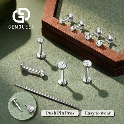 GEMQUEEN 4 Pairs 16G/18G/20G G23 Titanium Implant Grade Nose Studs Threadless Flat Back Earrings Hypoallergenic Flatback 5A CZ Cartilage Helix Tragus Conch Tiny Lip Piercing Jewelry for Women Men - color: Pure Titanium-16G(1.2MM)-Bar-6/8MM&CZ-2/3/4MM