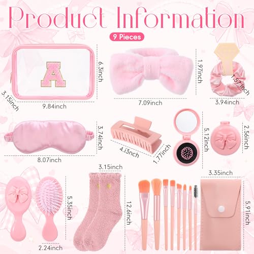 9 Pcs Bow Gift for Woman Set with Hair Headband Scrunchie Sleep Eye Mask Hair Claw Bow Comb with Mirror Monogram Cosmetic Bag Socks for Bachelorette Party Spa Sleepover Birthday Gifts (A) - style: A