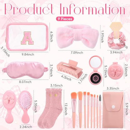 9 Pcs Bow Gift for Woman Set with Hair Headband Scrunchie Sleep Eye Mask Hair Claw Bow Comb with Mirror Monogram Cosmetic Bag Socks for Bachelorette Party Spa Sleepover Birthday Gifts (A) - style: A