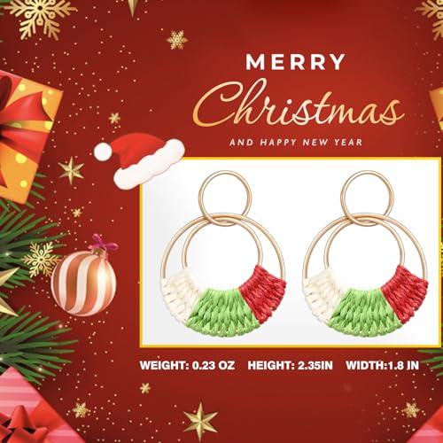 Raffia Hoop Earrings for Women Fun Boho Summer Beach Earrings Lightweight Handmade Straw Wicker Rattan Dangle Earrings Statement Geometric Round Drop Earrings - color: Christmas - Teardrop