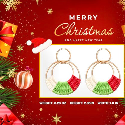 Raffia Hoop Earrings for Women Fun Boho Summer Beach Earrings Lightweight Handmade Straw Wicker Rattan Dangle Earrings Statement Geometric Round Drop Earrings - color: Christmas - Teardrop