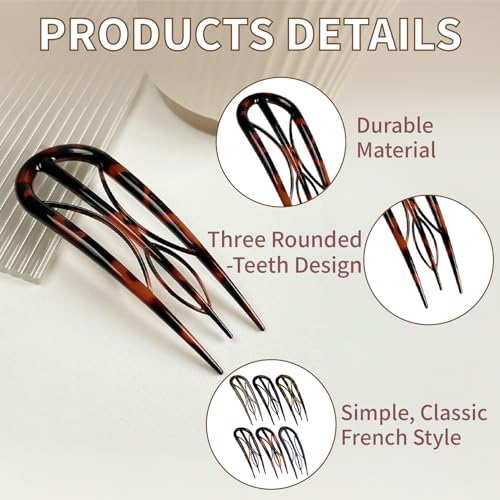 French Hair Pins for Women-6PCS Tortoiseshell U Shaped Clips for Buns, Prestige& Elegant,Internal Teeth Fork Hairpins Styling for Thick Twist Hair