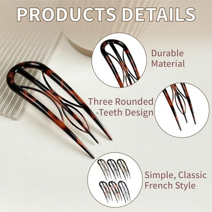 French Hair Pins for Women-6PCS Tortoiseshell U Shaped Clips for Buns, Prestige& Elegant,Internal Teeth Fork Hairpins Styling for Thick Twist Hair