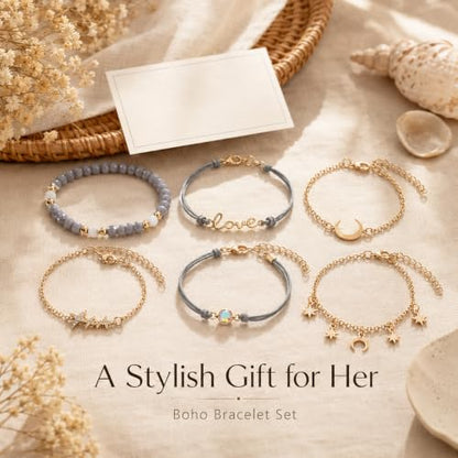 Aluinn Boho Layered Charm Bracelet Set Gold Moon Star Jewelry | Stackable bracelet set with moon and star charms, adjustable fit and style for beach trips, vacations and everyday outfits