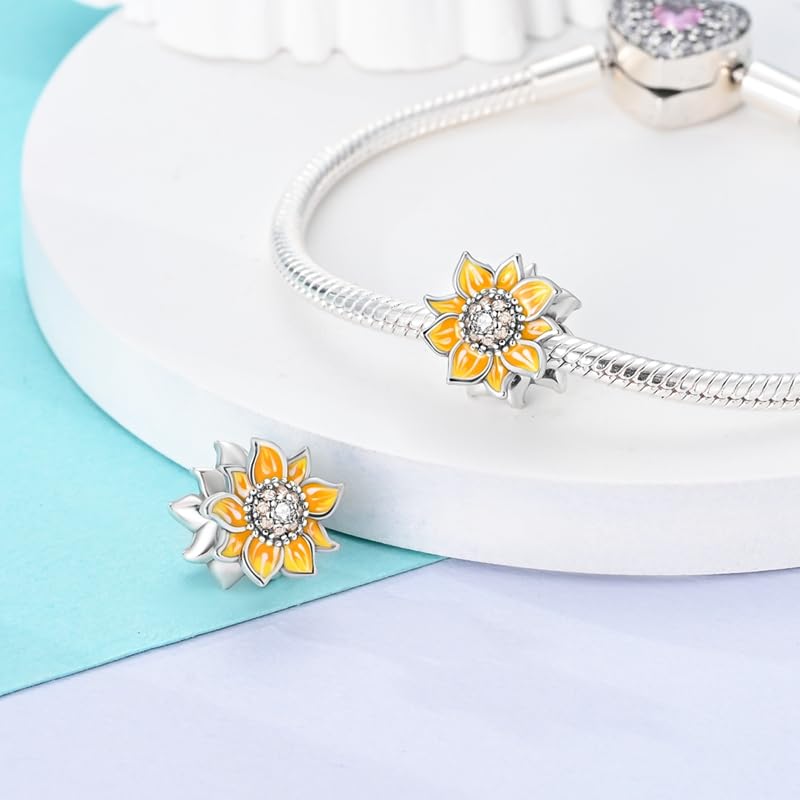HONGRUI 925 Sterling Silver Charm for Bracelets Fashion Women Jewelry Gift - color: Yellow Sunflower