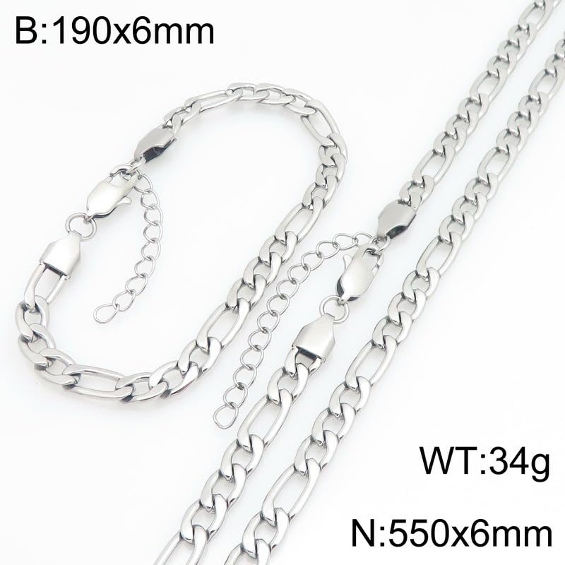 Kemstone Stainless Steel Figaro Cuban Bracelet Necklace Set for Men Women Jewelry - color: Silver 05