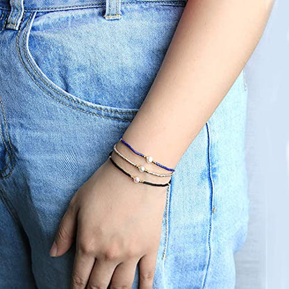 KELITCH 3 PCS Natural Pearls Bracelets Women Strand Thin Rope Friendship Bracelets Handmade Stack Charm Bracelets - color: Blue Black Grey 02H