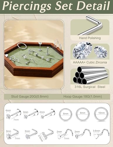 JeryWe 12PCS Nose Rings for Women - Gold Plated Hypoallergenic Surgical Steel Nose Rings Hoops Lip Septum Clicker Ring CZ Screw L Shaped Studs Threadless Flat Back Stud Nostril Piercing Jewelry - color: Steel - Round