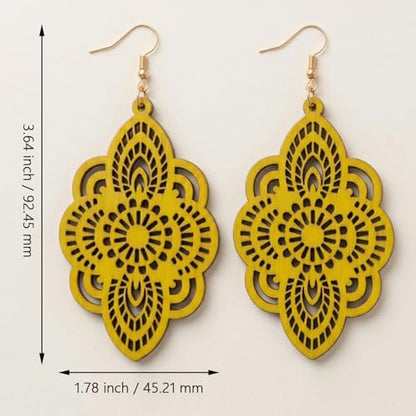 Boho Black Filigree Dangle Earrings for Women, Lightweight Hollow Lace Drop, Wood, 3.34" x 1.69", Bohemian Jewelry - color: Yellow