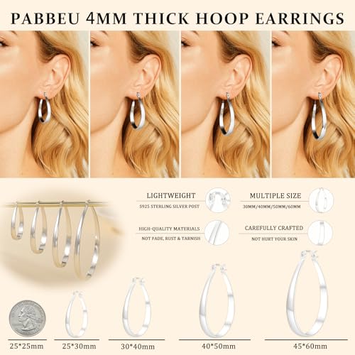 PABBEU Sterling Silver Hoop Earrings for Women, Lightweight Large Oval Hoops Earrings, Hypoallergenic Silver Hoop Earring for Women Gifts 30/40/50/60MM - color: silver 30*40mm/ 1.18*1.57in