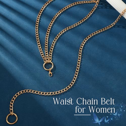 Chain Belt for Women Fashion Multilayer Metal Waist Chain Dress Belt Adjustable - size: Fit Waist Up to 53'', style: Gold-C
