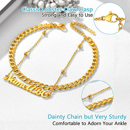 PROSTEEL Trendy Handcuffs Design/Customize Words Ankle Bracelet For Women, 316L Stainless Steel Anklets Silver/Gold/Black Tone, Hypoallergenic, Come with Box - style: 08 Customize-Cuban Link(8.5"-10.5")-Luxury Gold