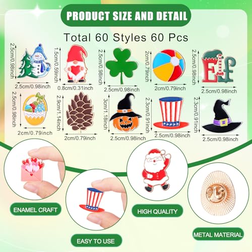 60pcs Holiday Enamel Pins Set Fall Halloween Festival Lapel Brooches | Thanksgiving Christmas Autumn Winter Mixed Theme, Metal Lapel Badges for Backpack Hat Jacket, Party Favor Gift for Women Girl