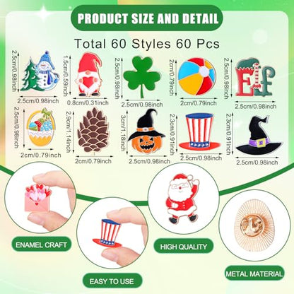 60pcs Holiday Enamel Pins Set Fall Halloween Festival Lapel Brooches | Thanksgiving Christmas Autumn Winter Mixed Theme, Metal Lapel Badges for Backpack Hat Jacket, Party Favor Gift for Women Girl