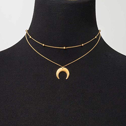 BaubleStar Crescent Pendant Necklace Layering Titanium Chain Choker for Women - color: Gold