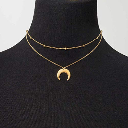BaubleStar Crescent Pendant Necklace Layering Titanium Chain Choker for Women - color: Gold