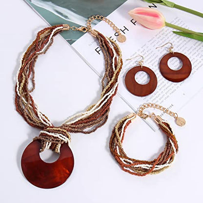 Coiris Multi Strand Statement Colorful Beaded Necklace with Big Circle Shell Pendant for Women - color: ST0012-Dark Brow