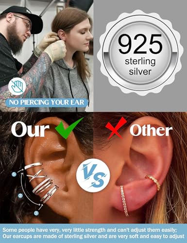 JeryWe 4 Pcs 925 Sterling Silver Ear Cuff for Women Non Piercing Adjustable Ear Cuff Earrings Clip On Cartilage Helix Wrap Ear Jewelry Set - color: Silver Plated