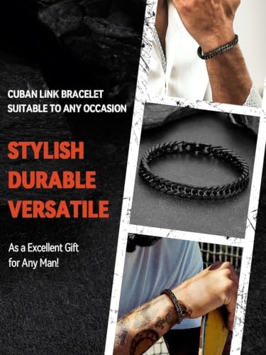 FaithHeart Mens Stainless Steel Cuban Link Bracelet, Tarnish Resistant | 6/8/12/17mm Silver/Black/Gold Sturdy Hip Hop Wrist Chain Bracelets Daily Wear with Gift Box, 7.5"/8.3"/9.1" Length - color: Black-8mm Width, size: Length 8.3 Inches