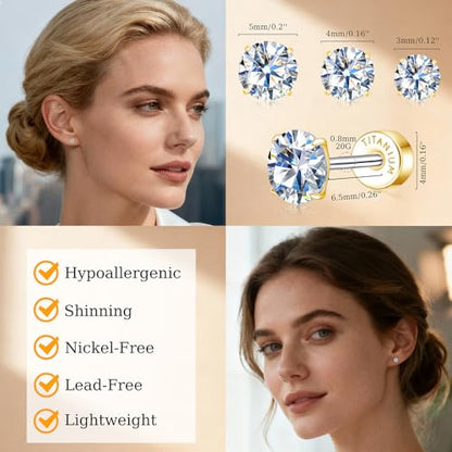 Limerencia Moissanite Stud Earrings, 3 Pairs Titanium Screw Back Earrings | D Color VVS1 Clarity Lab-created Moissanite Earrings, Hypoallergenic G23 Pure Titanium for Women Men Sensitive Ears - color: Gold S