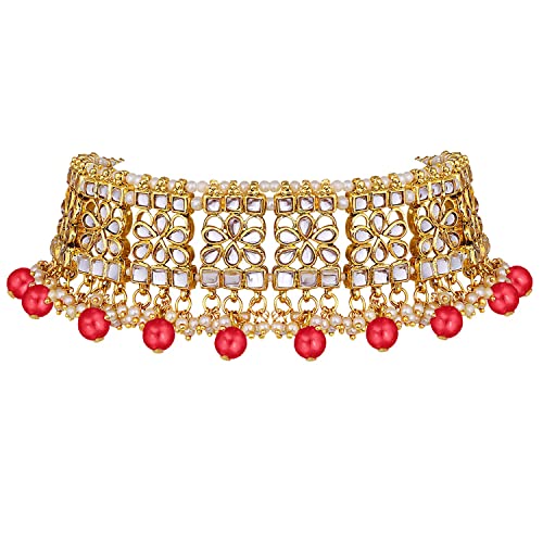 Aheli Elegant Indian Faux Kundan Studded Choker Necklace with Maang Tikka Set Ethnic Wedding Wear Bharatanatyam jewellery set Gift for Women - color: Red