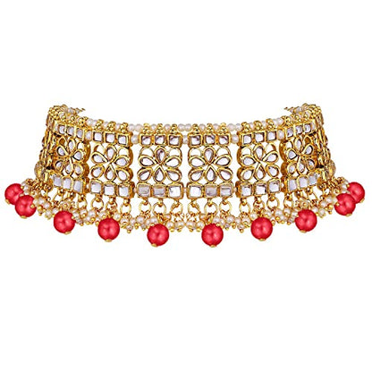 Aheli Elegant Indian Faux Kundan Studded Choker Necklace with Maang Tikka Set Ethnic Wedding Wear Bharatanatyam jewellery set Gift for Women - color: Red