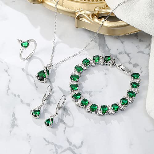 Jewelry Set for Bride, Sparkling Water Drop Cubic Zirconia Crystal Pendant Necklace Leverback Earrings Tennis Bracelet Adjustable Ring Gift for Wedding/Birthday/Mother's Day/Christmas - color: 05-Emerald Color Silver-Tone