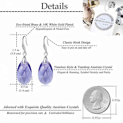 Austrian Crystal Teardrop Dangle Hook Earrings for Women 14K Gold Plated Hypoallergenic Jewelry - color: Tanzanite