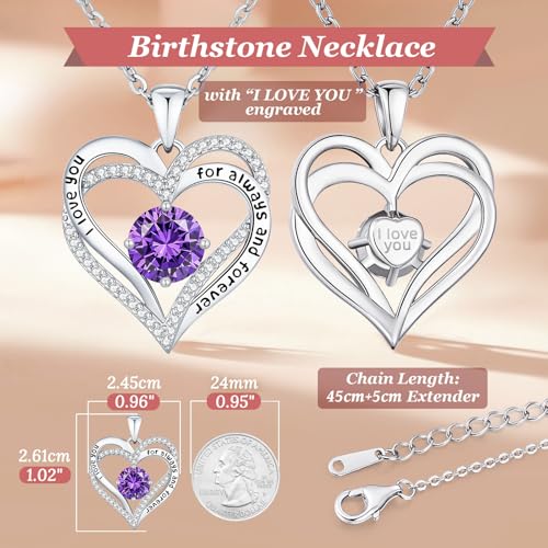 CDE Engraved Forever Love Heart Birthstone Necklace Jewelry Gifts for Women | Hypoallergenic,Nickel-Free & Lead-Free,3 x 3 mm 5A CZ Heart Pendant,Anniversary Christmas Birthday Gift for Girlfriend Wife - color: 02-Feb-WG, style: White Gold Plated