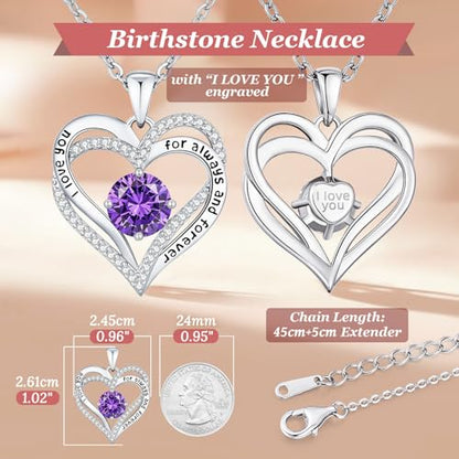 CDE Engraved Forever Love Heart Birthstone Necklace Jewelry Gifts for Women | Hypoallergenic,Nickel-Free & Lead-Free,3 x 3 mm 5A CZ Heart Pendant,Anniversary Christmas Birthday Gift for Girlfriend Wife - color: 02-Feb-WG, style: White Gold Plated