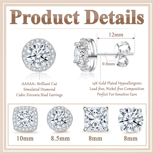 Cubic Zirconia Stud Earrings for Women Men 14K Gold-Plated Halo Stud Earrings Hypoallergenic Earrings CZ Halo Stud Earrings for Sensitive Ears - style: B-SILVER