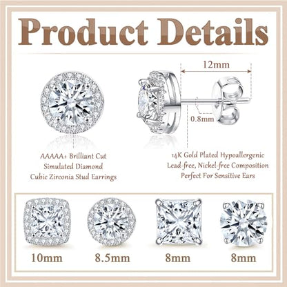Cubic Zirconia Stud Earrings for Women Men 14K Gold-Plated Halo Stud Earrings Hypoallergenic Earrings CZ Halo Stud Earrings for Sensitive Ears - style: B-SILVER