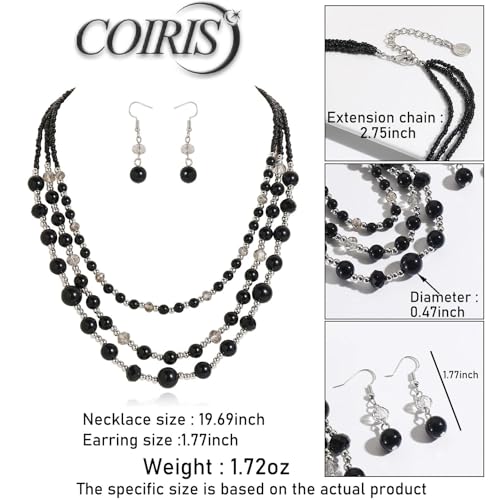 Coiris Layered Pearl Necklace and Earring Set for Women Boho Beaded Statement Choker with Faux Pearls Chunky Costume Jewelry for Wedding Party Beach Vacation Gift - color: Black