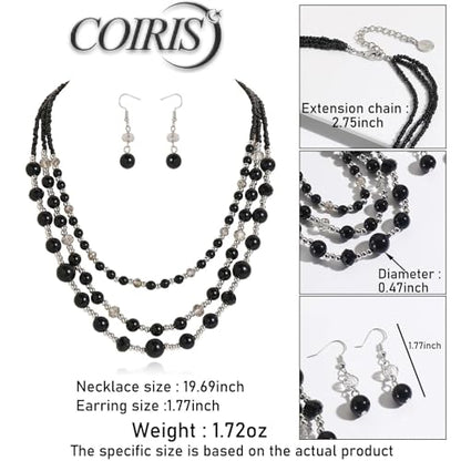 Coiris Layered Pearl Necklace and Earring Set for Women Boho Beaded Statement Choker with Faux Pearls Chunky Costume Jewelry for Wedding Party Beach Vacation Gift - color: Black