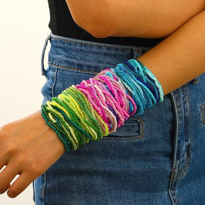 Soyzvteo 17Pcs Elastic Beaded Bracelets Bohemian Stackable Beaded Stretch Bracelets Colorful Boho Beach Bracelet Set Rainbow Handmade Seed Beach Bracelet Jewelry - color: 30Pcs/Blue