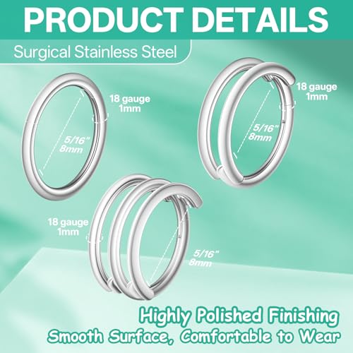 davka Nose Ring Set, 18G Hinged Hoop 8mm & 20G Nose Studs, Stainless Steel & Gold Plated, Hypoallergenic, Multiple Styles Nose Piercing Jewelry - color: Silver/3Pcs Hoops/18gauge 8mm/Set-C
