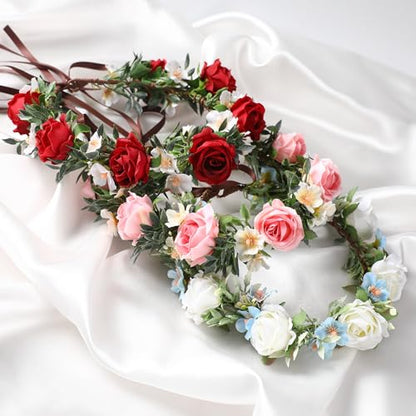 Fairy Pink Flower Crown Headband, Rose Floral Headpiece | Adjustable, Fairy Flower Crown, Women Girls, Renaissance Birthday Wedding Party Photo Props - color: Pink Rose