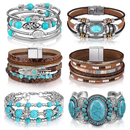 6 Pcs Turquoise Bracelet for Women Leather Bracelet Western Jewelry for Women Multilayer Boho Cuff Bangle Set - style: Retro